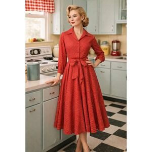 Vintage Sakowitz Red Polka Dot Dress Long Sleeve Midi Fit‎ & Flare